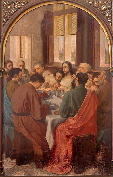Bruges - Last Supper of Christ in st. Giles church Bruges - The Last Supper of Christ by Van Heary (1865) in st. Giles (Sint Gilliskerk). last supper stock pictures, royalty-free photos & images