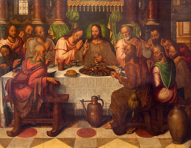 Bruges - The Last supper of Christ Bruges - The Last supper of Christ by Anthuensis Clakissins 17. cent. in st. Giles (Sint Gilliskerk). last supper stock pictures, royalty-free photos & images