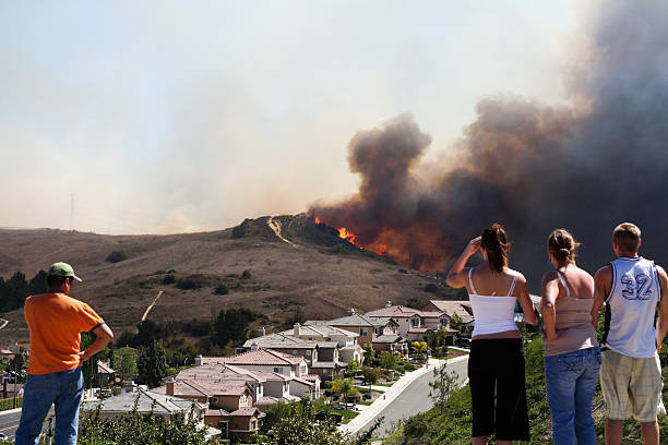 feu de broussailles menace maisons - incendie photos et images de collection
