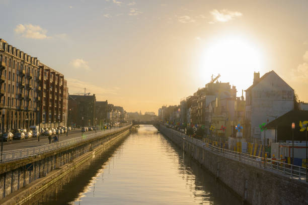 Brussels Canal in Belgium during sunset stock photo