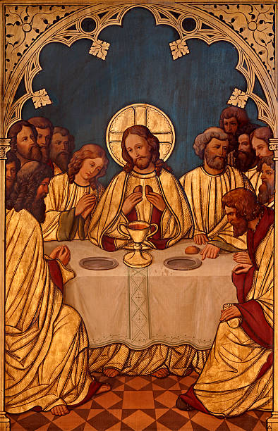 Brussels - Last super of Christ from Saint Antoine church "BRUSSELS - JUNE 24: Last super of Christ. Paint on the wood from main altar of Saint Antoine church on March, 2012 in Brussels." last supper stock pictures, royalty-free photos & images