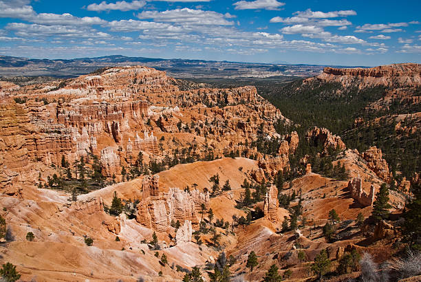 Bryce Canyon from Sunset Point Bryce Canyon is famous for its tall thin spires of rock known as hoodoos. Hoodoos start with an initial deposition of rock. Then over time the rock is uplifted then eroded and weathered. Hoodoos typically consist of relatively soft rock topped by harder, less easily eroded stone that protects each column from the weather. Hoodoos generally form within sedimentary rock such as sandstone. These hoodoos were photographed from Sunset Point in Bryce Canyon National Park, Utah, USA. garfield county utah stock pictures, royalty-free photos & images