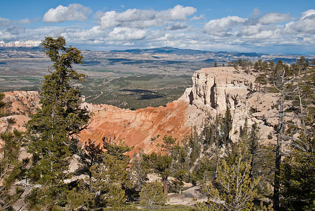 Bryce Canyon from the Rim Bryce Canyon is famous for its tall thin spires of rock known as hoodoos. Hoodoos start with an initial deposition of rock. Then over time the rock is uplifted then eroded and weathered. Hoodoos typically consist of relatively soft rock topped by harder, less easily eroded stone that protects each column from the weather. Hoodoos generally form within sedimentary rock such as sandstone. These hoodoos were photographed from Bryce Point in Bryce Canyon National Park, Utah, USA. jeff goulden bryce canyon national park stock pictures, royalty-free photos & images