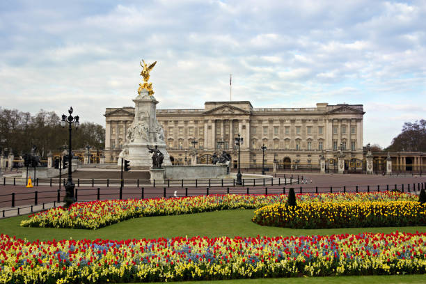 Buckingham Palace and Victoria Memorial at spring time. stock photo