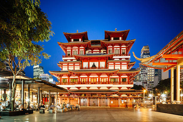 Buddha Tooth Relic Temple, Singapore The famous Buddha Tooth Relic Temple in Singapore. Twilight shot with long exposure. chinatown stock pictures, royalty-free photos & images