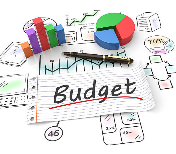 Budget concept Pie chart on a stock chart with a budget home finances stock pictures, royalty-free photos & images