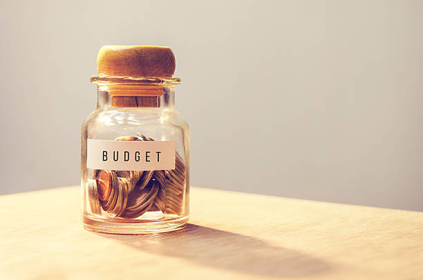 Budget Coin in piggy bank with text budget on paper, sunlight effect, business and finance concept, copy space. retro filter effect. budget stock pictures, royalty-free photos & images