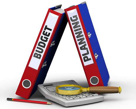 Two binders with the words BUDGET PLANNING, an electronic calculator, a magnifying glass and a pencil on a white surface. 3D illustration