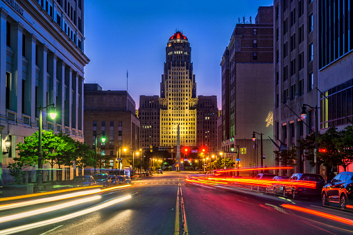 Looking down Court Street to City Hall in Buffalo, New York