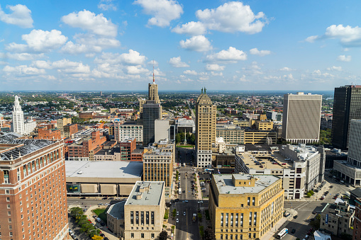 Aerial view of downtown Buffalo, New York on summer day.