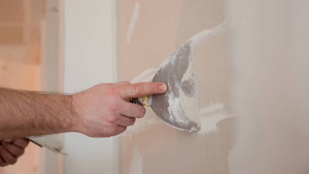 Builder using plastering tool for finishing old wall stock photo