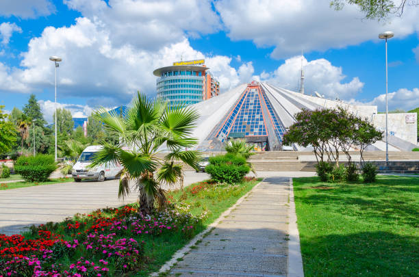 Building "Pyramid" (former museum of communist dictator Enver Hoxha) on Boulevard of Martyrs, Tirana, Albania stock photo