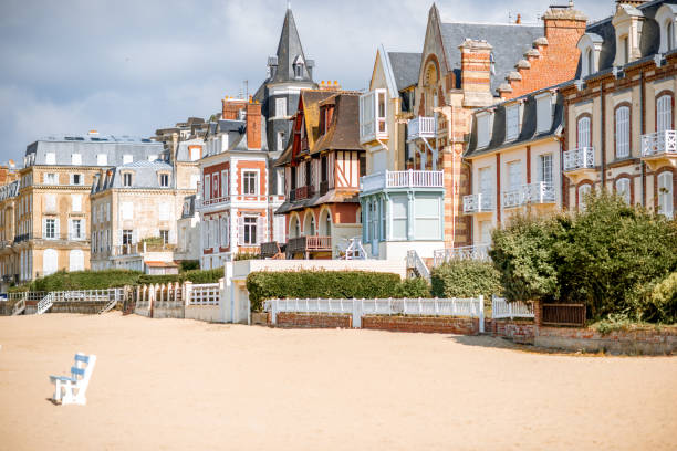 Buildings in Trouville town, France Luxury buildings on the coastline of Trouville, famous french resort in Normandy calvados stock pictures, royalty-free photos & images