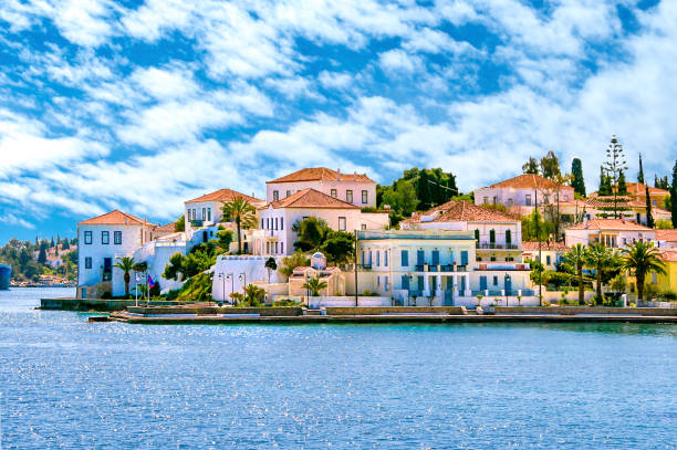 Buildings of Spetses island on Saronic gulf near Athens. Ideal travel destination for quiet vacations . Greece stock photo
