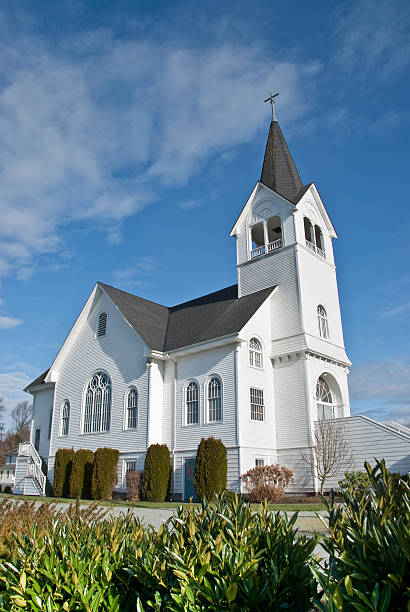 Historic Fir Conway Lutheran Church Built in 1916, Fir Conway Lutheran Church is one of the most beautiful churches in the Pacific Northwest. Inside the church, there's a lovely sanctuary and one of the finest pipe organs in the area. Fir Conway church is located in Conway, Washington State, USA. jeff goulden church stock pictures, royalty-free photos & images