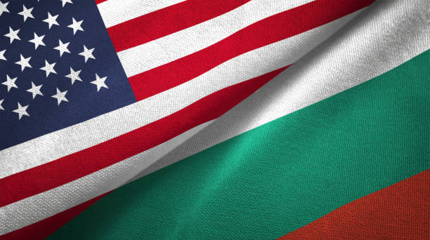 Bulgaria and United States two flags together realations textile cloth fabric texture stock photo