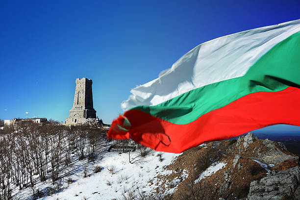 Bulgarian flag on Shipka stock photo