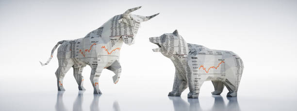 Bull and Bear-Concept Stock Exchange and Stock Market Bulle und Bär in mit Börsenkurstexturen vor hellem Hintergrund bull animal stock pictures, royalty-free photos & images