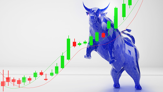 Bull and stock chart on white background,business finance and investment,bull market,3d rendering