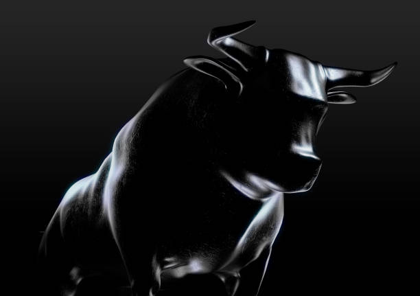 Bull Casting A sculpted casting depicting a bull in dramatic contrasting light representing financial market trends on an isolated dark background - 3D render bull animal stock pictures, royalty-free photos & images