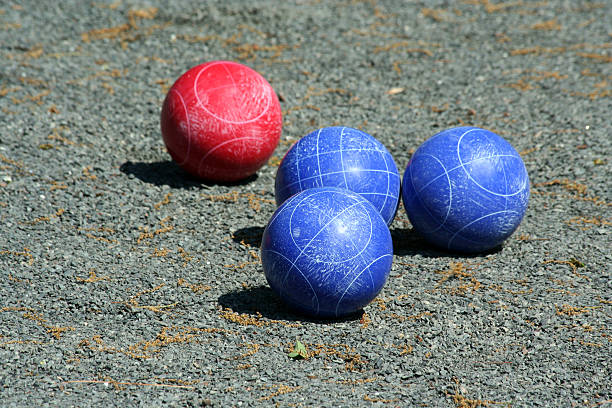 Bunch of bocce balls on a court stock photo
