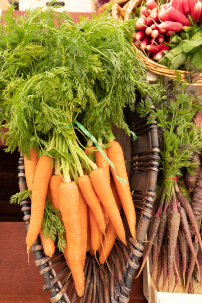 Bunch of carrots on a market stall stock photo