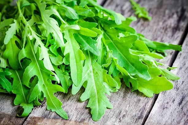 bunch of fresh organic arugula closeup bunch of fresh organic arugula on rustic table closeup arugula stock pictures, royalty-free photos & images