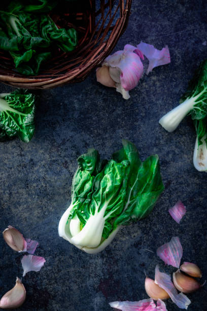 A bunch of garlics and bok choy scattering on dark blue background. stock photo