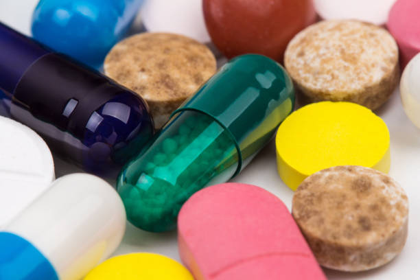 Bunch of pills close up view stock photo