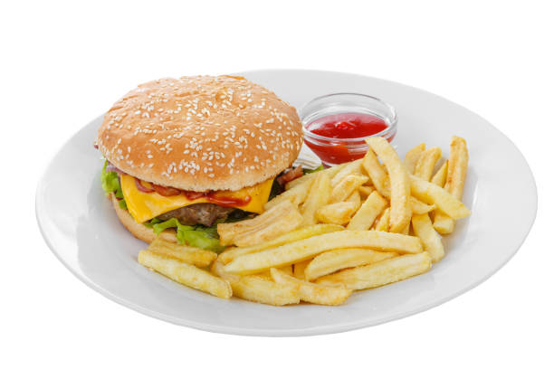 Burger and French fries isolated white stock photo