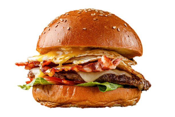 21 burger on a black background for the menu. Black and white burgers with meat, chicken cutlet, salad, egg. stock photo