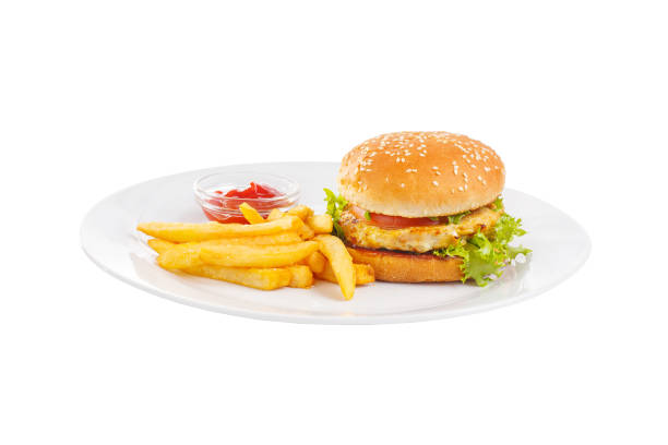 Burger with chopper, French fries isolated white stock photo