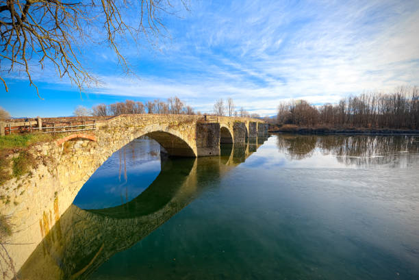 Buriano Bridge, Tuscany, famous background of "La Gioconda" stock photo