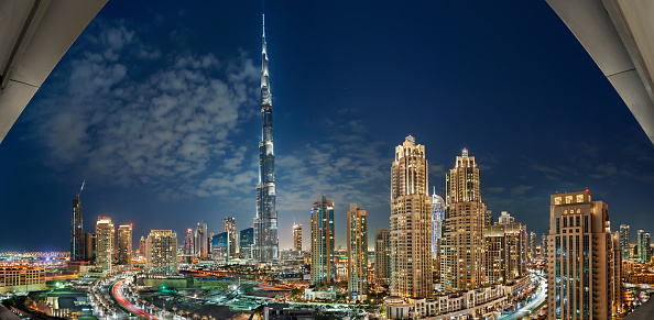 Burj Khalifa Panoramic View At Night With Downtown Towers Stock Photo