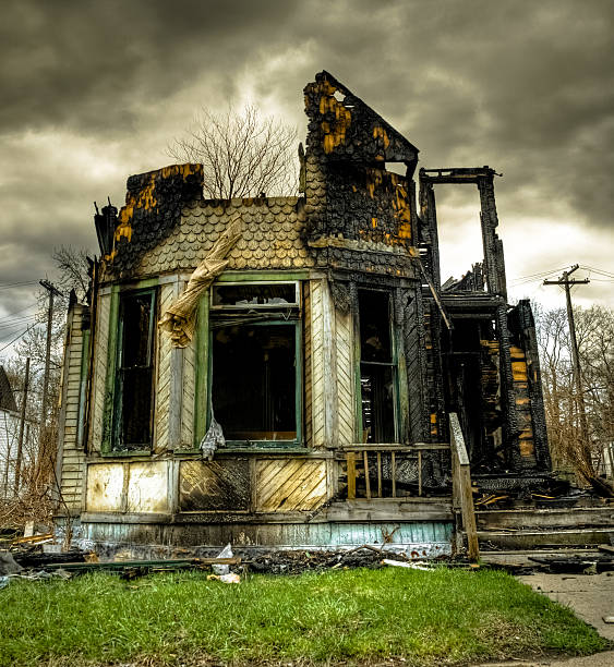 Burned Abandoned and Derelict House stock photo
