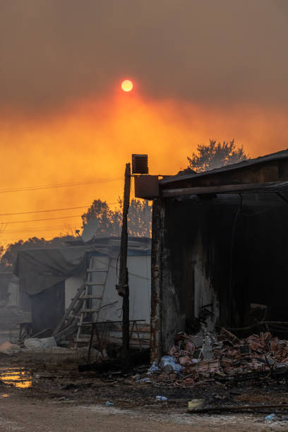 Burned down houses from wildfires stock photo