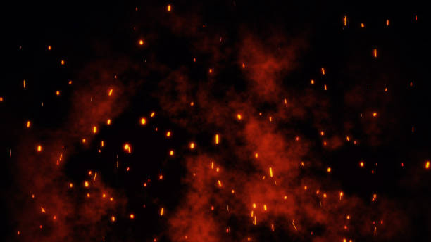 yanan parlayan kırmızı sıcak kıvılcımlar, közler gece gökyüzünde büyük ateşten sinek - sparks stok fotoğraflar ve resimler