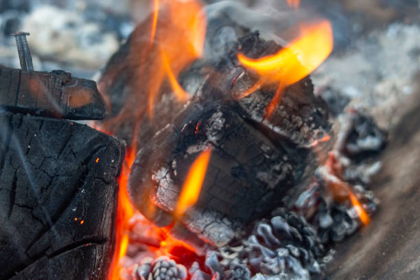 Burning wood on an outdoor woodburner stock photo