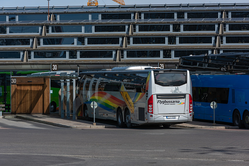 Gothenburg, Sweden - April 03 2022: Bus from Flygbussarna ready to depart Nils Ericson-terminalen for the airport