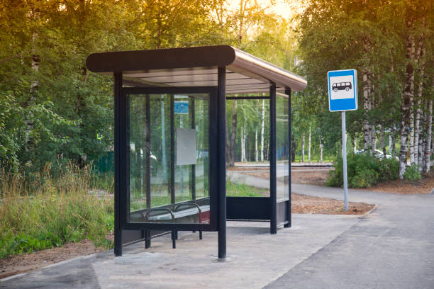 Bus stop on the street of the city stock photo