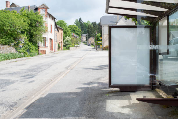 maquette affiche bus stop - panneau village photos et images de collection