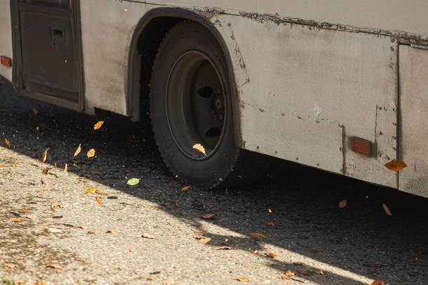 Bus wheel lifts from asphalt autumn leaves stock photo