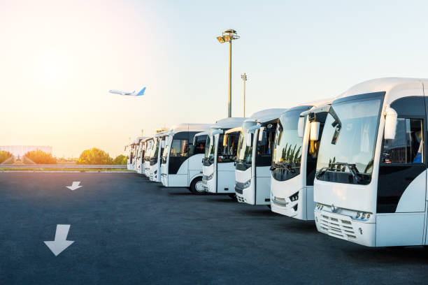Buses at the parking lot of the airport at sunrise. Holiday, travel, tourism and vacation concept. stock photo