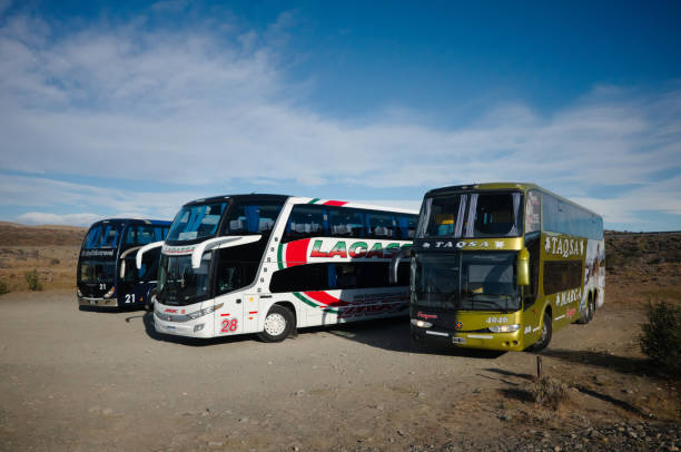 Buses of different bus companies in Patagonia, Los Glaciares national Park stock photo