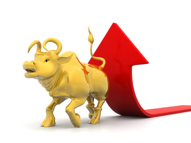 Business bull with arrow Business bull with red arrow stock market stock pictures, royalty-free photos & images