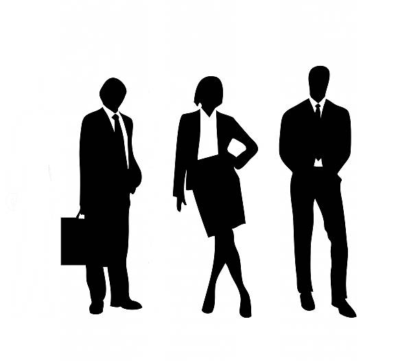 Business, businessmen, silhouettes, three figures, black, white background. stock photo