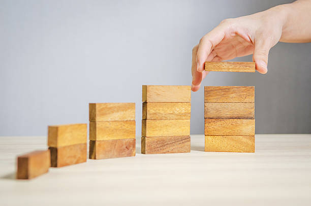 Business concept growth success process. Close up Woman hand arranging wood block stacking as step stair. Business concept growth success process. lunar module stock pictures, royalty-free photos & images