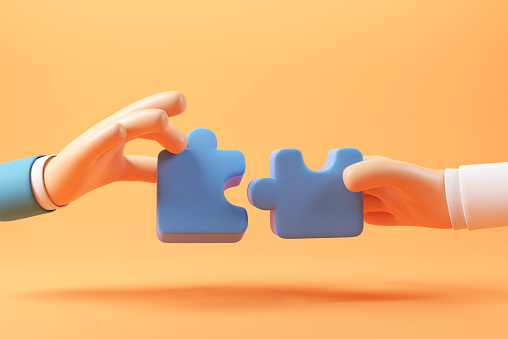 Business concept. Hand of people connecting jigsaw puzzle. Symbol of teamwork, cooperation, partnership. 3d render.