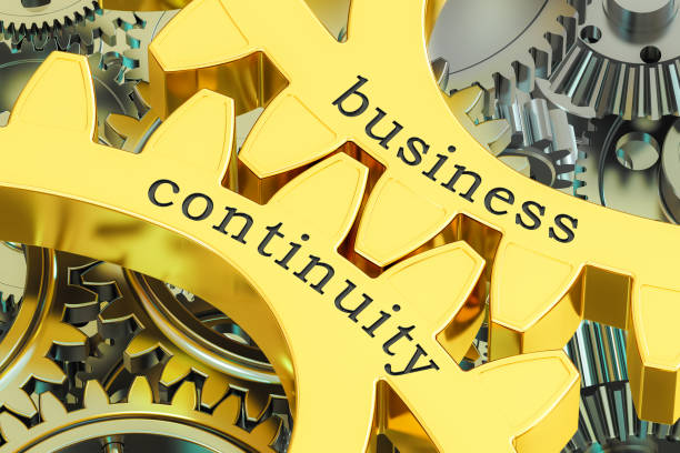 business continuity concept on the gearwheels, 3D rendering stock photo