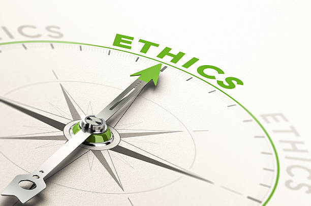 Business Ethics compass with needle pointing the word ethics. Conceptual 3d illustration of business integrity and moral morality stock pictures, royalty-free photos & images